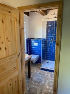ein Bad mit einer Dusche, einem WC und einem Waschbecken in der Unterkunft Romantik-Ferienhaus -Vier Sterne- idyllische Lage nähe Berlin in Marienwerder