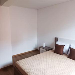 - une chambre avec un grand lit et des oreillers bruns dans l'établissement Casa Bela Vista Studio 2, à Ribeira Brava