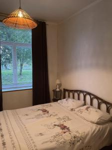 a bed in a bedroom with a window and a lamp at Appartement de charme in Bergues