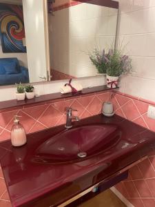 ein Badezimmer mit einem roten Waschbecken und einem Spiegel in der Unterkunft Mare Fuori in Marina di Grosseto