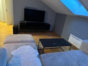 un soggiorno con 2 divani e una TV a schermo piatto di Old and charming penthouse a Oslo