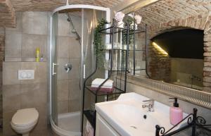 a bathroom with a sink and a shower and a toilet at Central Oasis-with parking in Ljubljana +12 photos