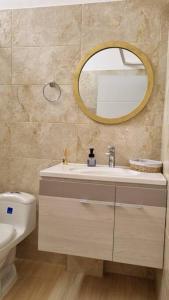een badkamer met een wastafel, een spiegel en een toilet bij Casa Villa Container in Tibasosa