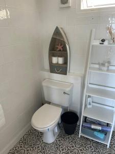 a white bathroom with a toilet and a shelf at Driftwood Lodge in Bideford