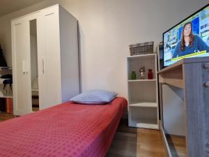 a bedroom with a bed and a flat screen tv at ONE unic room Paris Cité Seine in Paris