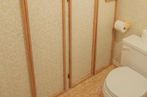 uma casa de banho com um WC e uma cabina de duche. em La Maison Gagnon em Saguenay