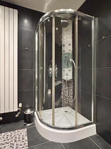 a shower with a glass enclosure in a bathroom at Cozy Studio S2, City Centre Dordrecht in Dordrecht