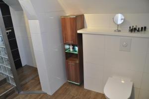 W łazience znajduje się toaleta oraz prysznic z lustrem. w obiekcie Villa Kakelbont w mieście Leeuwarden