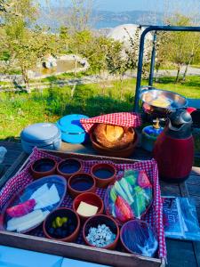 einen Picknicktisch mit Schalen aus Essen und anderen Lebensmitteln in der Unterkunft Phalesia Glamping Otel in Sapanca