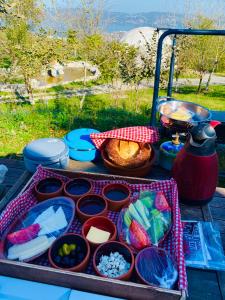 - une table de pique-nique avec des bols de nourriture et d'autres aliments dans l'établissement Phalesia Glamping Otel, à Sapanca