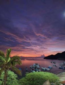 a group of boats in the water at sunset at ANCON HOUSE in Taganga