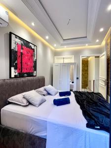 a bedroom with a large white bed with blue pillows at BellaVista walls House in Tangier