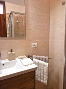 uma casa de banho com um lavatório e um espelho em Wald Haus Tarvisio em Tarvisio