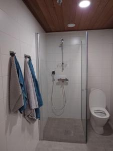 a bathroom with a shower and a toilet at New AC Studio City Center. in Turku