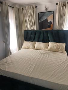 1 dormitorio con 1 cama grande y cabecero azul en Apartment by Grace wheel, en Abeokuta