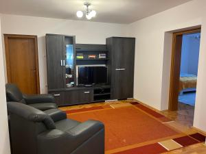 a living room with a couch and a television at Amma House Timisoara in Timişoara