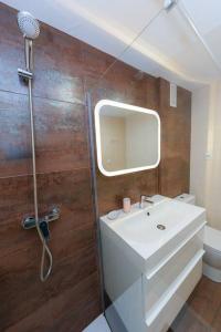 a bathroom with a sink and a shower with a mirror at La Campa in Canfranc-Estación