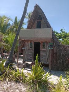 una pequeña casa en la playa con palmeras en Cabana família coruja, en Camaçari