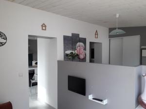 een woonkamer met een tv aan een witte muur bij A Vol d'oiseau in Méreau