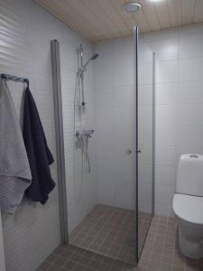 ein Bad mit einer Dusche und einem WC in der Unterkunft Uusi korkea tasoinen kaksio, ilmastointi in Turku