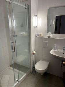 a bathroom with a shower and a toilet and a sink at Landhaus Hotel Neuss in Neuss