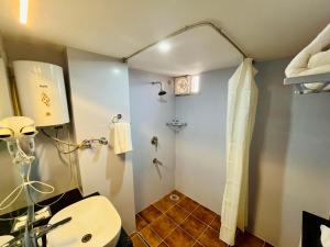 Un pequeño baño con lavabo y ducha. en Hotel Amayra, en Jaipur