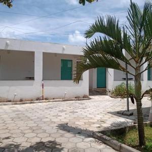 a palm tree in front of a white building at Pousada da Rotatória in São Gonçalo do Amarante