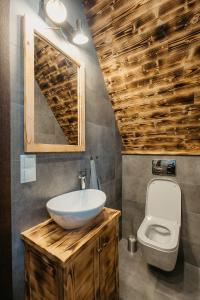 uma casa de banho com um lavatório e um WC em Domek na Wilczniku em Zakopane