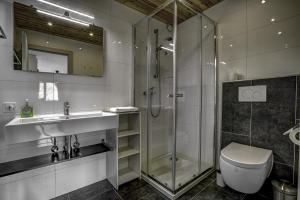 a bathroom with a shower and a sink and a toilet at Appartement Mont Parrain 4 in La Tzoumaz +19 photos