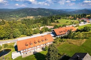 eine Luftansicht eines Gebäudes mit orangefarbenen Dächern in der Unterkunft Apartment Mitterdorf in Mitterfirmiansreut