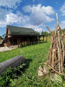 una baita di tronchi in un campo vicino a una recinzione di Căsuța de munte a Mărişel