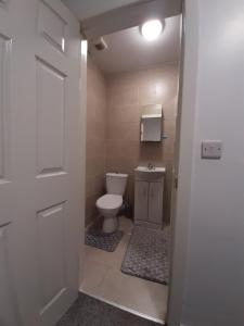 a bathroom with a toilet and a white door at Exclusive Self-contained flat in Middlesbrough in Middlesbrough