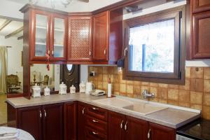 a kitchen with wooden cabinets and a sink and a window at Philippe chateau in Krepeni