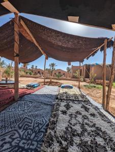 a bed with a net on top of a field at Kasbah Desert Camp in Mhamid