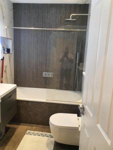 a bathroom with a toilet and a shower at Daniari guest rooms in Erith