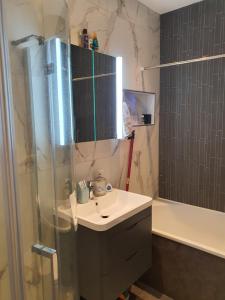 a bathroom with a sink and a shower at Daniari guest rooms in Erith