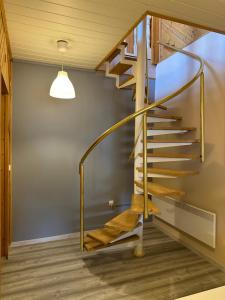 a spiral staircase in a house with a light fixture at Andrea Apartman in Bük