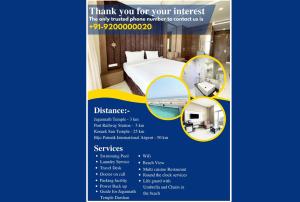 een flyer voor een hotelkamer met een bed bij Hotel TBS sea view ! Puri Swimming-pool, fully-air-conditioned-hotel with-lift-and-parking-facility breakfast-included in Puri
