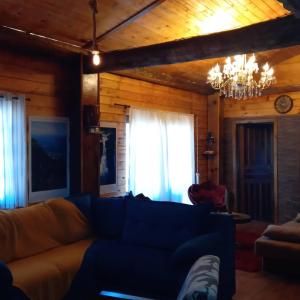 烏魯比西的住宿－Sítio Fundo Da Grota，客厅配有蓝色的沙发和吊灯。