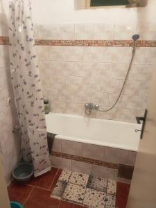 a bathroom with a white tub and a toilet at Warm and comfortable apartment in Subotica