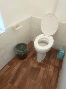 a bathroom with a toilet and a trash can at Warm and comfortable apartment in Subotica
