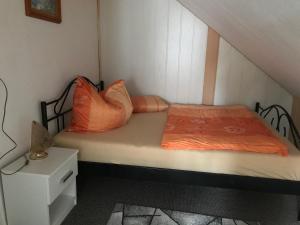 uma cama com almofadas cor de laranja num quarto em Ferienwohnung Niederottendorf em Neustadt in Sachsen