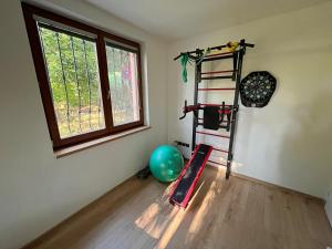 a room with a gym with a ladder and a ball at Apartmán Stará Sásová in Banská Bystrica