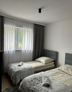 a bedroom with two beds and a window at Leśne Wzgórze Apartamenty in Korbielów