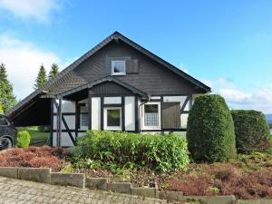 ein schwarzweißes Haus mit Büschen davor in der Unterkunft Holiday home with private garden in Winterberg