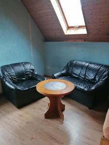 a living room with a table and a leather couch at Weidmannsruh Apartment für 2 bis 3 Personen in Frauendorf