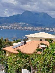 una casa con techo y vistas al agua en T2 cosy, spacieux et confortable, en Les Trois-Îlets