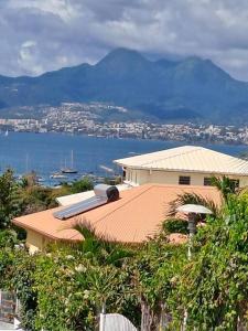 a house with a roof with a view of the water at T2 cosy, spacieux et confortable in Les Trois-Îlets