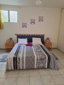 um quarto com uma cama grande e duas mesas em T2 cosy, spacieux et confortable em Les Trois-Îlets