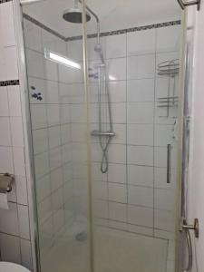 a shower with a glass door in a bathroom at T2 cosy, spacieux et confortable in Les Trois-Îlets